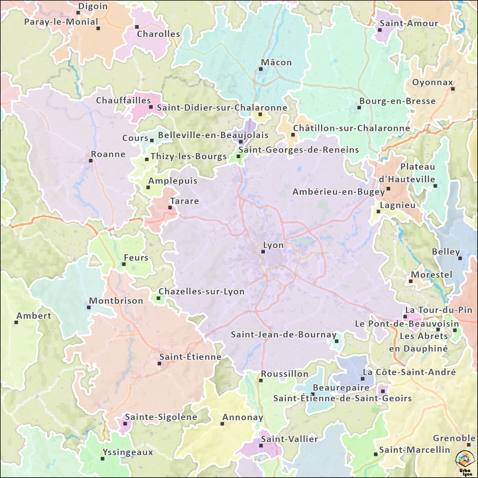 Carte des aires d'attraction des villes dans le Carré métropolitain 